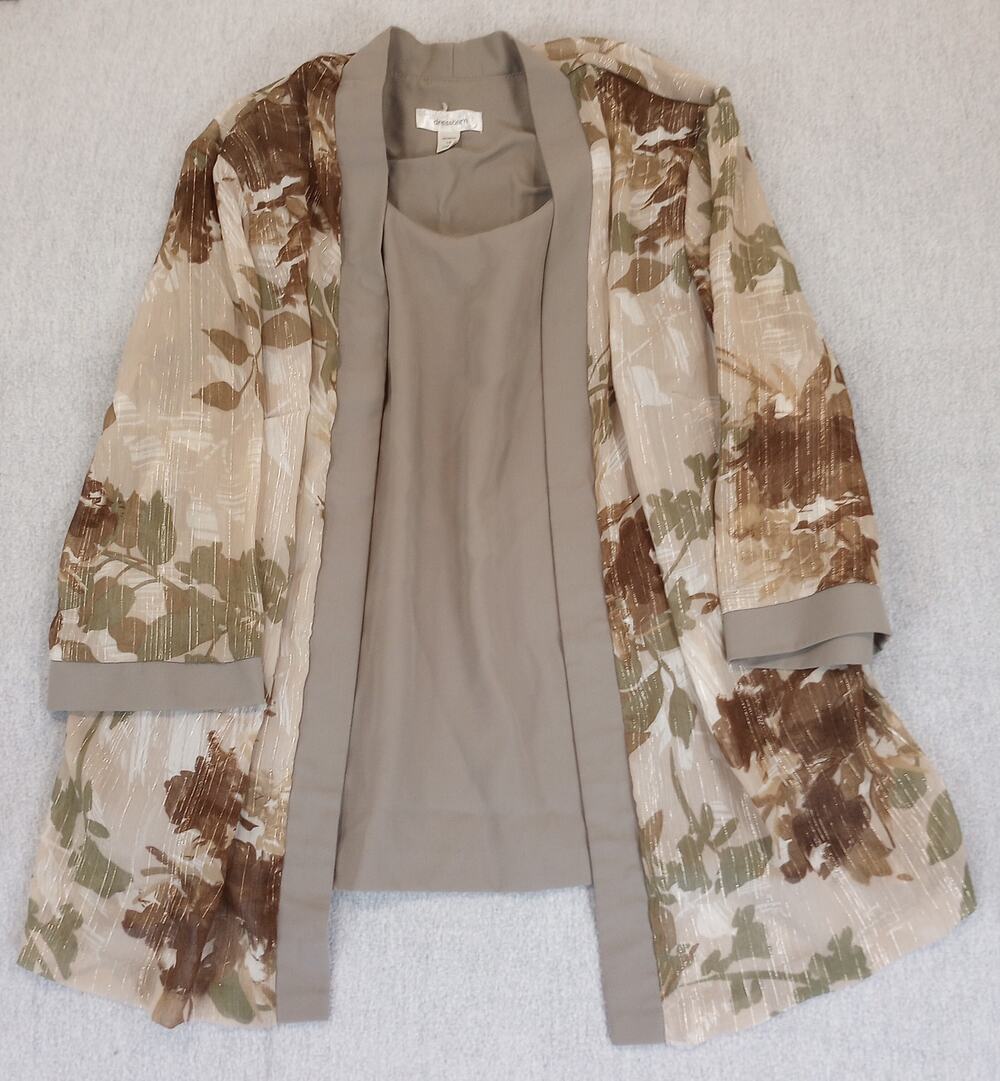 Dressbarn Woman Shirt Size 16 Taupe Floral Jacket Top Excellent Condition